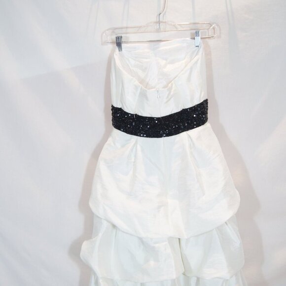 Sherri Hill White Strapless Ruffle High Low Gown Black Sequin Belt Size 4 - Picture 5 of 8
